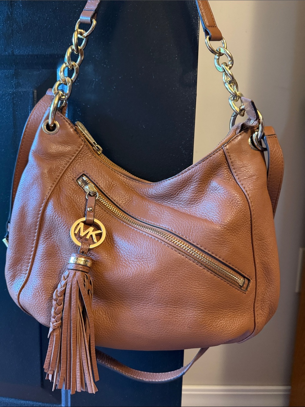 Michael Kors Cognac Leather Shoulder Hobo with Tassel and Chain Detail